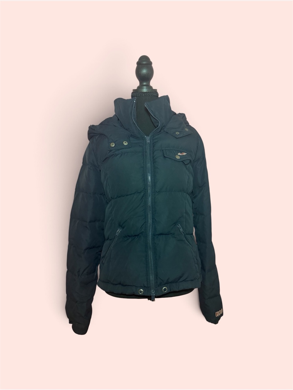 Hollister Y2K Women's Dark Green Puffer Jacket with Hood